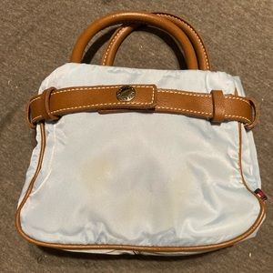 Tommy Hilfiger Light Blue Purse with Leather Handles and Trim and Red Lining